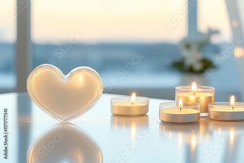 Valentine's Day background. Large Glowing Glass Heart With Lit Candles On Elegant Table. Warm And Romantic Backdrop For Wedding And Love Celebrations. Free Space. AI generated