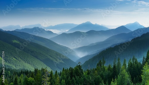 Serene mountain vista, layers of blue-tinged hills & lush forests.
