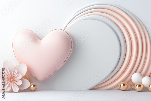 Valentine's Day background. Minimalist Design with Pink Heart and Floral Accents. Free Space. Elegant Curves and Soft Tones for Romantic and Modern Themes. AI generated photo