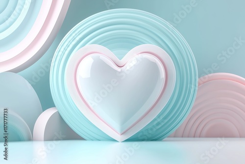 Valentine's Day background. Abstract Heart in Soft Blue and Pink Pastels Surrounded by Elegant Curves and Layers. Free Space. Ideal for Romantic Designs Modern Decorations Concepts. AI generated