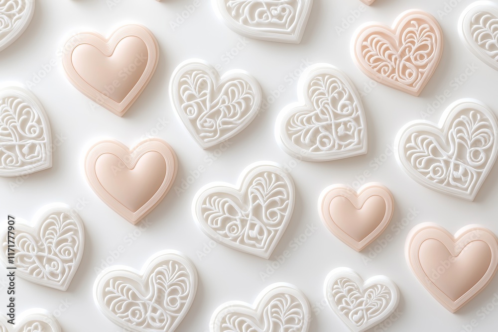 Fototapeta premium Valentine's Day background. Pattern of Intricate Lace Hearts with Elegant Details and Warm Glow. Free Space. Ideal for Romantic, Vintage, or Wedding Themes, Invitations, and Decorations. AI generated