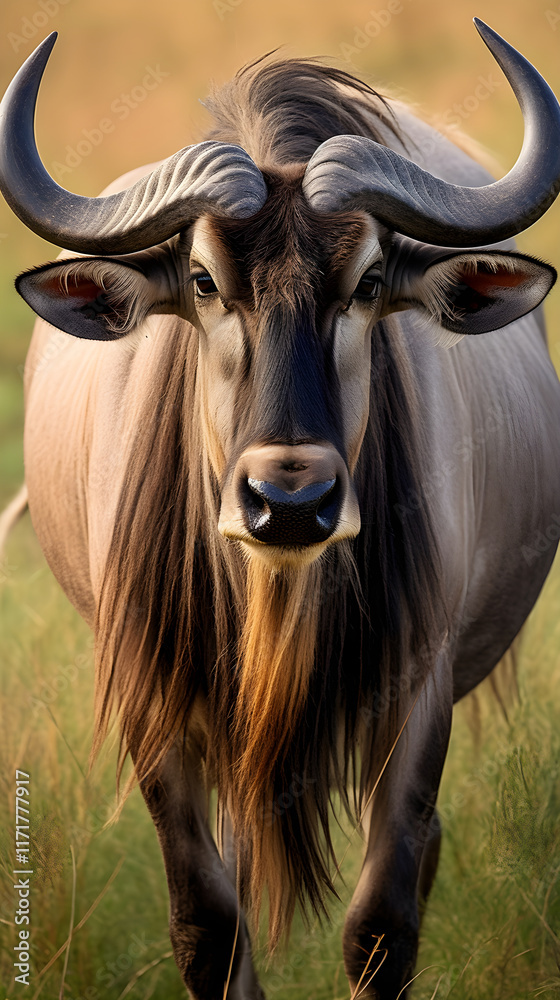 Majestic Gnu Standing Tall and Proud Against the Backdrop of an Untamed Savannah Landscape Majestic Gnu Standing Tall and Proud Against the Backdrop of an Untamed Savannah Landscape