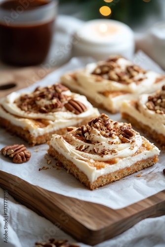 Wallpaper Mural rustic carrot cake cut into wedges, topped with thick swirls of cream cheese frosting and sprinkled with chopped pecans, rich and moist texture visible, served on parchment paper over a wooden board Torontodigital.ca