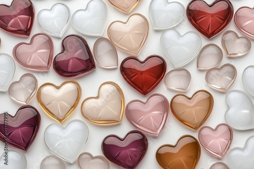 Valentine's Day background. Pattern of Colorful Glass Hearts in Shades of Red, Pink, and Gold. Free Space. Perfect for Romantic, Festive, and Decorative Themes or Creative Designs. AI generated