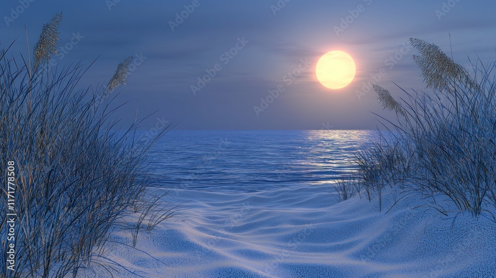 Tranquil beach scene at sunset with soft waves and grass. Tranquil beach scene at sunset with soft waves and grass.