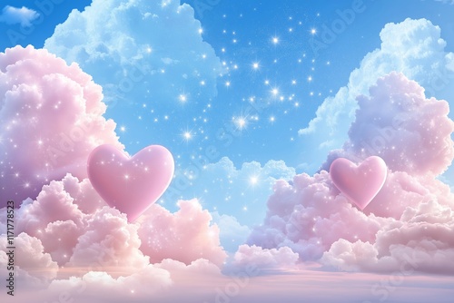 Pink Hearts and Fluffy Clouds in Dreamy Sky. Shimmering Stars Add Magic. Soft Blue and Pink Tones Create Serenity. Perfect for Romantic or Fantasy Themes. Delicate children's backdrop. AI generated