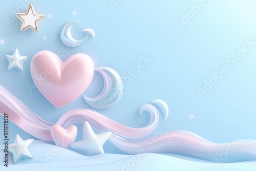 Pink and White Hearts Float with Crescent Moons on Blue Background. Soft Ribbons Add Elegance. Dreamy Scene for Romantic Designs. Subtle  Enhances Beauty. Delicate children's backdrop. AI generated