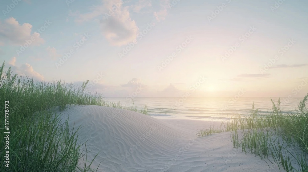 Serene beach landscape at sunrise with gentle waves and grass. Serene beach landscape at sunrise with gentle waves and grass.