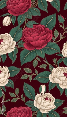 Wallpaper Mural Vintage Floral Pattern with Red and Pink Roses on Burgundy Background Torontodigital.ca