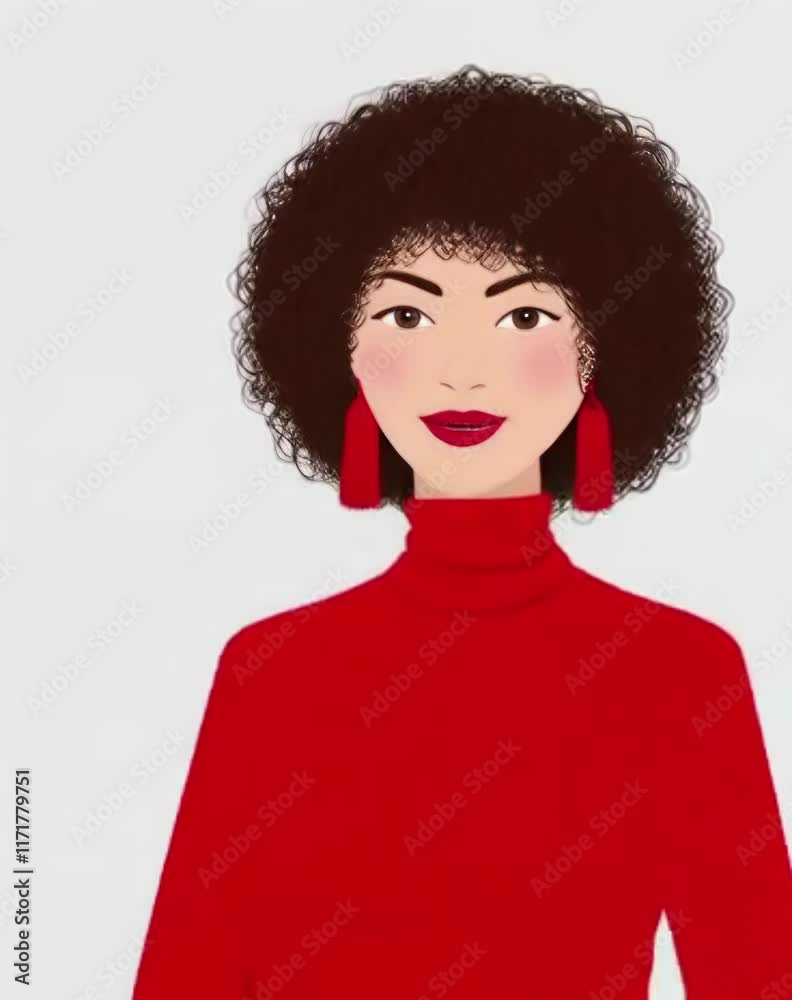 An animated illustration of a woman with curly dark hair, wearing a red turtleneck and earrings, set against a plain light background. An animated illustration of a woman with curly dark hair, wearing a red turtleneck and earrings, set against a plain light background.