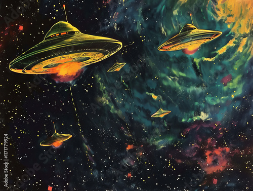 Retro space alien flying saucers zooming through outer space 1960s campy fun color tv show kids cartoon storybook vintage illustration style