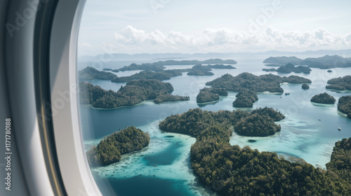 Panoramic View of Islands and Turquoise Waters from Airplane Window photo