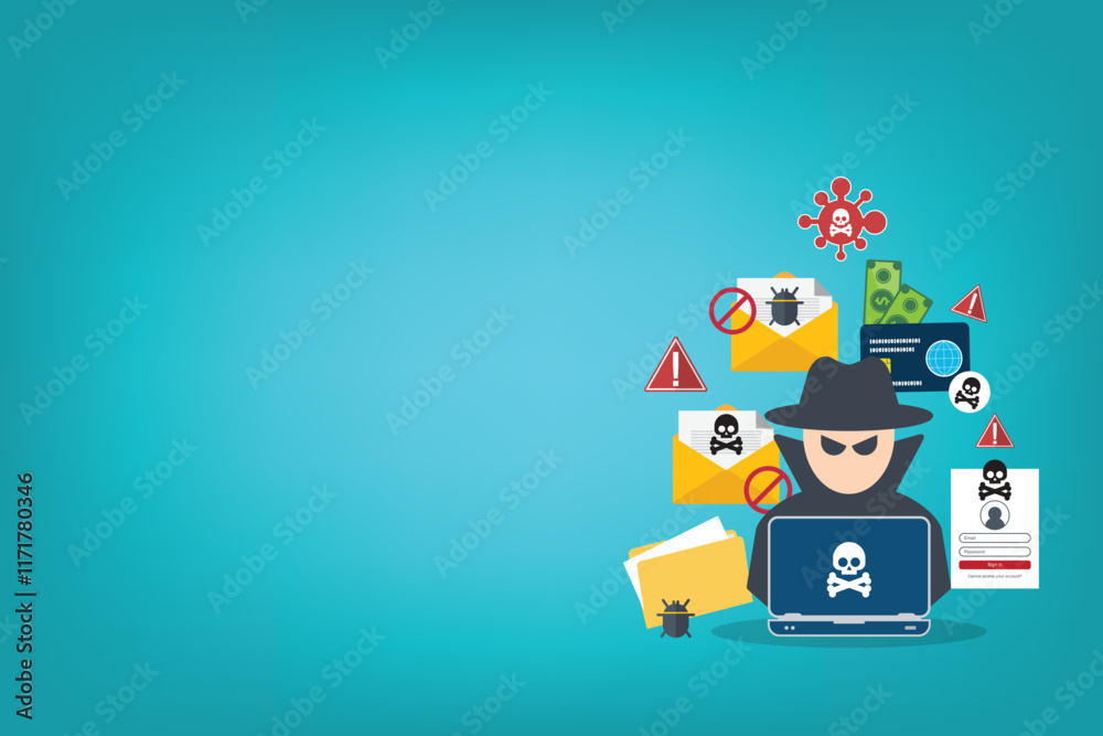 Obraz premium Hacker with laptop computer stealing confidential data, personal information and credit card detail. Hacking concept.