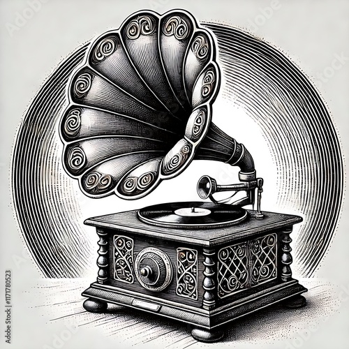 Elegant Monochrome Vintage Gramophone Illustration for Music Design