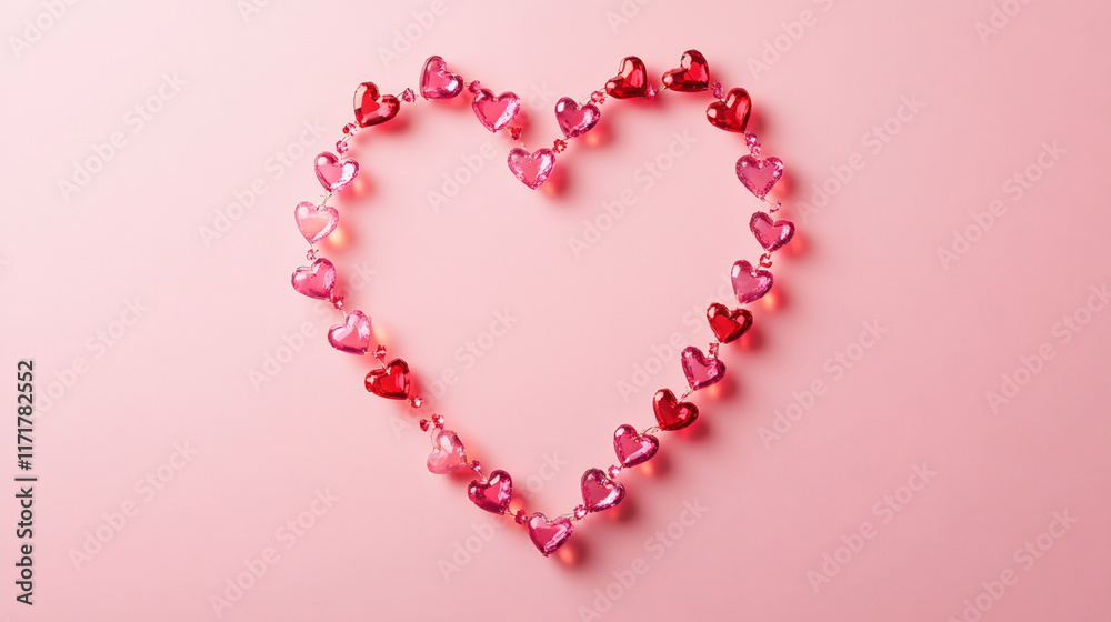 Small pink and red crystal hearts arranged in the shape of a bigger heart on a pink background, perfect for Valentine's Day Small pink and red crystal hearts arranged in the shape of a bigger heart on a pink background, perfect for Valentine's Day