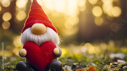 Lovely gnome hugging a heart-shaped present in a beautiful sunset, perfect for Valentine's Day or anniversaries photo