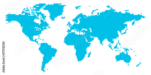 A pixelized vector representation of the world map highlights major continents in a bright blue color, providing a clear and simplified view of global geography and locations.