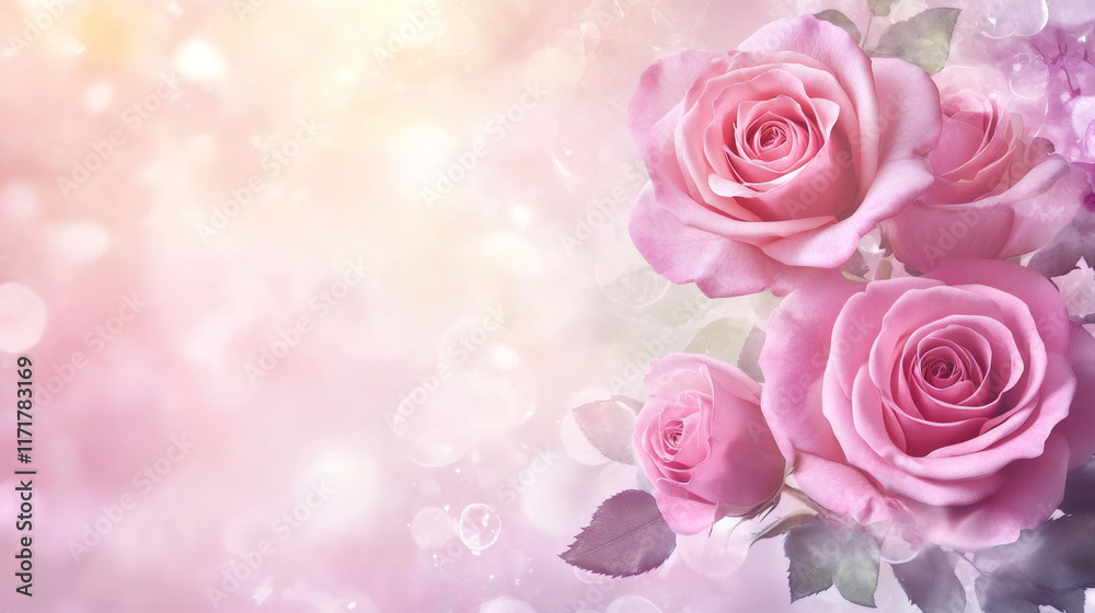 Beautiful pink roses on a soft pink bokeh background creating a romantic atmosphere, perfect for Valentine's Day projects Beautiful pink roses on a soft pink bokeh background creating a romantic atmosphere, perfect for Valentine's Day projects