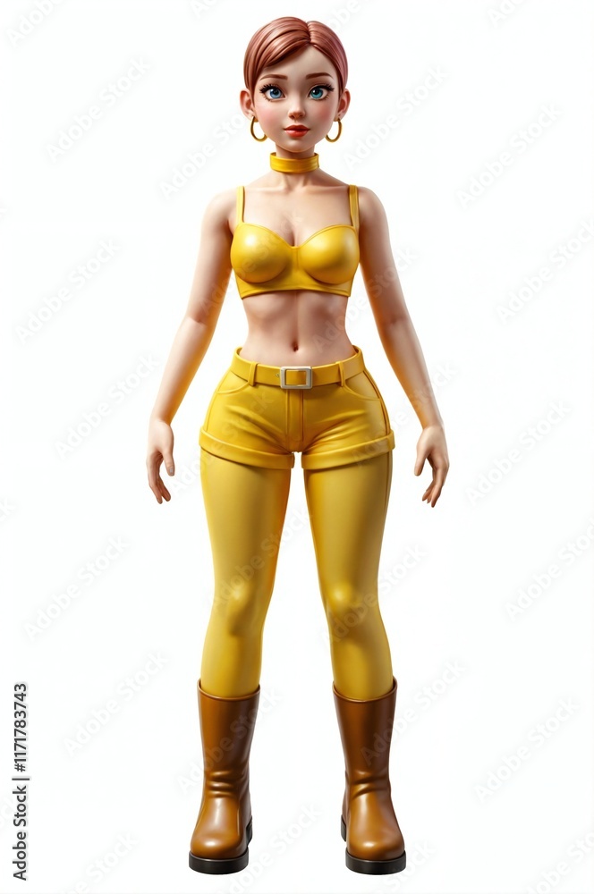 A modern animated female character with short reddish brown hair, a yellow outfit, brown knee high boots, and bold contemporary design elements. A modern animated female character with short reddish brown hair, a yellow outfit, brown knee high boots, and bold contemporary design elements.