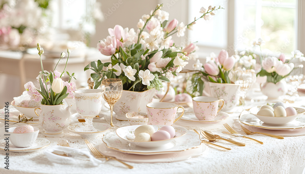 White wooden table with white plate and bowl, pastel colored Easter eggs, fresh garden flowers and brown paper wrapped gift, living room decor