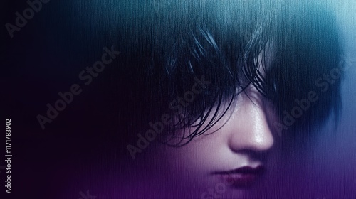 Dark silhouette, female profile, vibrant neon colors, purple and blue gradient background, hair blowing, mysterious atmosphere, high contrast, dramatic lighting, cinematic style, abstract portrait, fu
