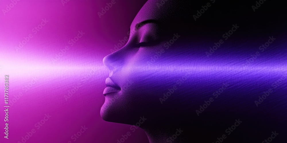Dark silhouette, female profile, vibrant neon colors, purple and blue gradient background, hair blowing, mysterious atmosphere, high contrast, dramatic lighting, cinematic style, abstract portrait, fu Dark silhouette, female profile, vibrant neon colors, purple and blue gradient background, hair blowing, mysterious atmosphere, high contrast, dramatic lighting, cinematic style, abstract portrait, fu