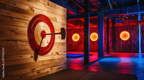 Indoor axe throwing venue with target boards and wooden walls in vibrant lighting