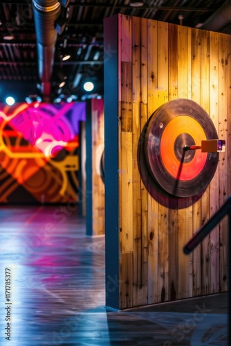 Vibrant urban axe throwing venue with colorful lighting and wooden targets