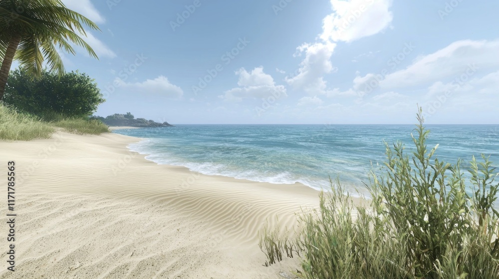 Serene beach scene with gentle waves and lush greenery. Serene beach scene with gentle waves and lush greenery.