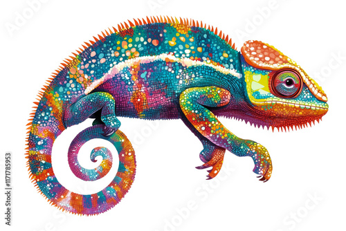 Drawing of multicolor chameleon. Transparent background