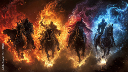 Biblical Prophecies:Four Horsemen of Apocalypse, riding dark horses against fiery backdrop, symbolizing Plague, War, Famine, Death and end of world.Dramatic and ominous scene.AI Generated.