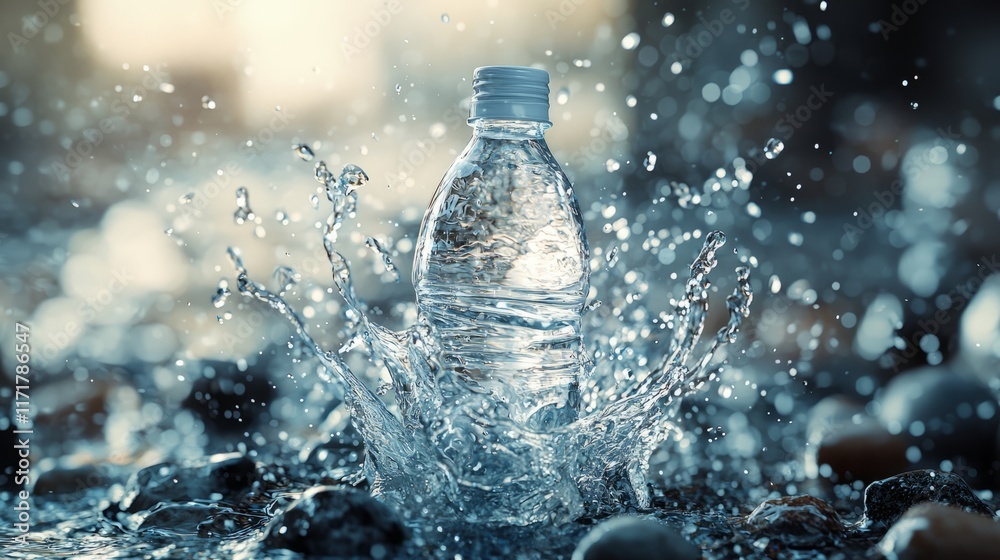 Water Bottle Splashing in Clear Liquid Water Bottle Splashing in Clear Liquid