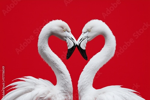 two flamingos standing close to each other creating a heart shape, close up, red solid color background for Valentines
