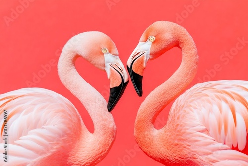 two flamingos standing close to each other creating a heart shape, close up, red solid color background for Valentines