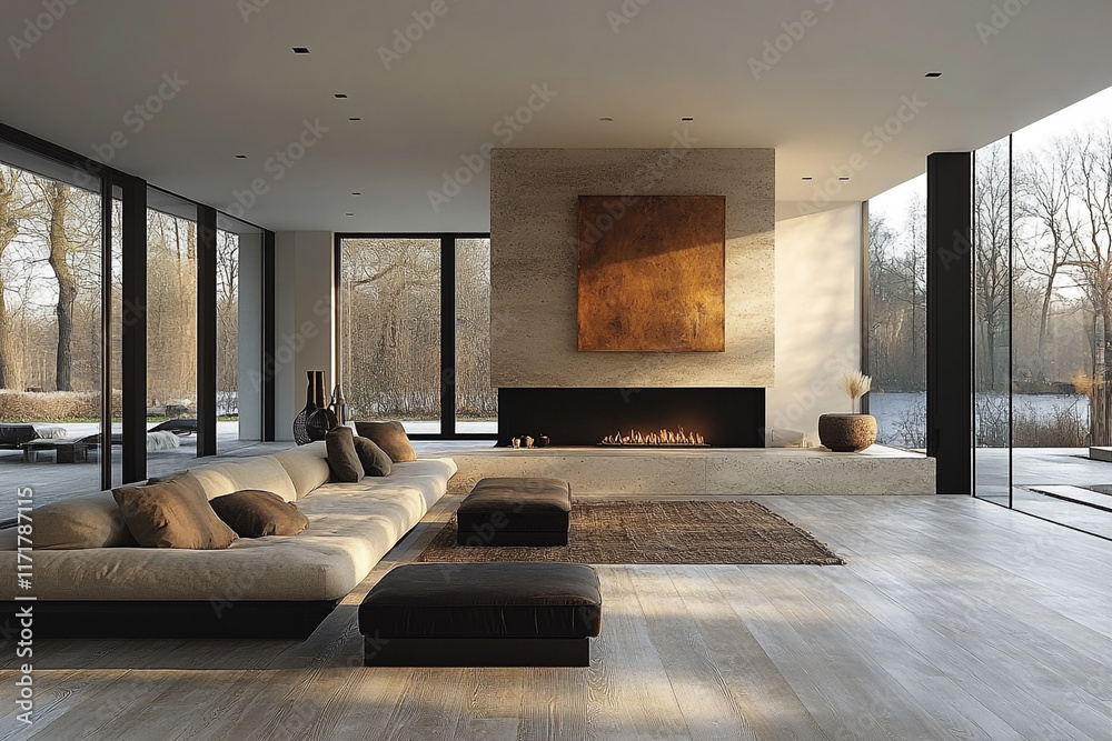 Fototapeta premium Modern Living Room Design Featuring Fireplace and Large Windows