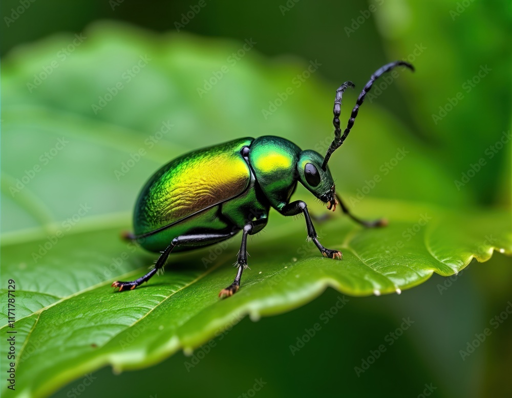Emerald ash borer beetle close up on green leaf. Shiny emerald green beetle with black features rests on vibrant green leaf. Macro photo shows insects details like body structure, legs. Nature scene Emerald ash borer beetle close up on green leaf. Shiny emerald green beetle with black features rests on vibrant green leaf. Macro photo shows insects details like body structure, legs. Nature scene