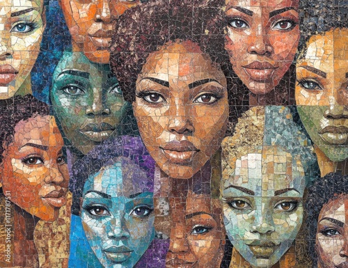 A mosaic of faces, each one unique and distinct in color and texture, representing the diversity within Black women's strength Generative AI photo