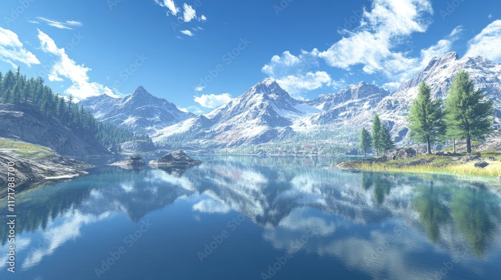 Majestic mountain range reflected in a crystal-clear alpine lake Majestic mountain range reflected in a crystal-clear alpine lake
