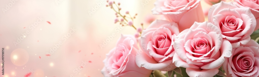 Closeup view of pastel pink roses. Soft focus on petals. Delicate flower heads appear in soft light. Blurred background suggests romantic setting. Flowers perfect for card design. Romantic, sweet, Closeup view of pastel pink roses. Soft focus on petals. Delicate flower heads appear in soft light. Blurred background suggests romantic setting. Flowers perfect for card design. Romantic, sweet,