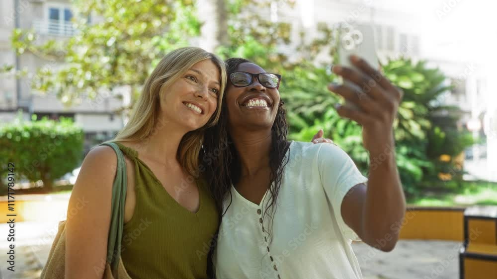 Young women take selfie and look at smartphone in sunny urban park with green plants and buildings Young women take selfie and look at smartphone in sunny urban park with green plants and buildings
