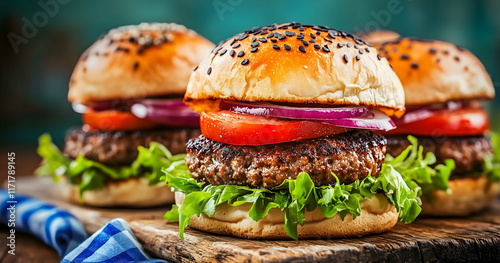 A juicy beef burger with lettuce tomato and onion on top of it sitting in front of other burgers The hamburger is made from perfectly seared ground meat patty fresh lett photo