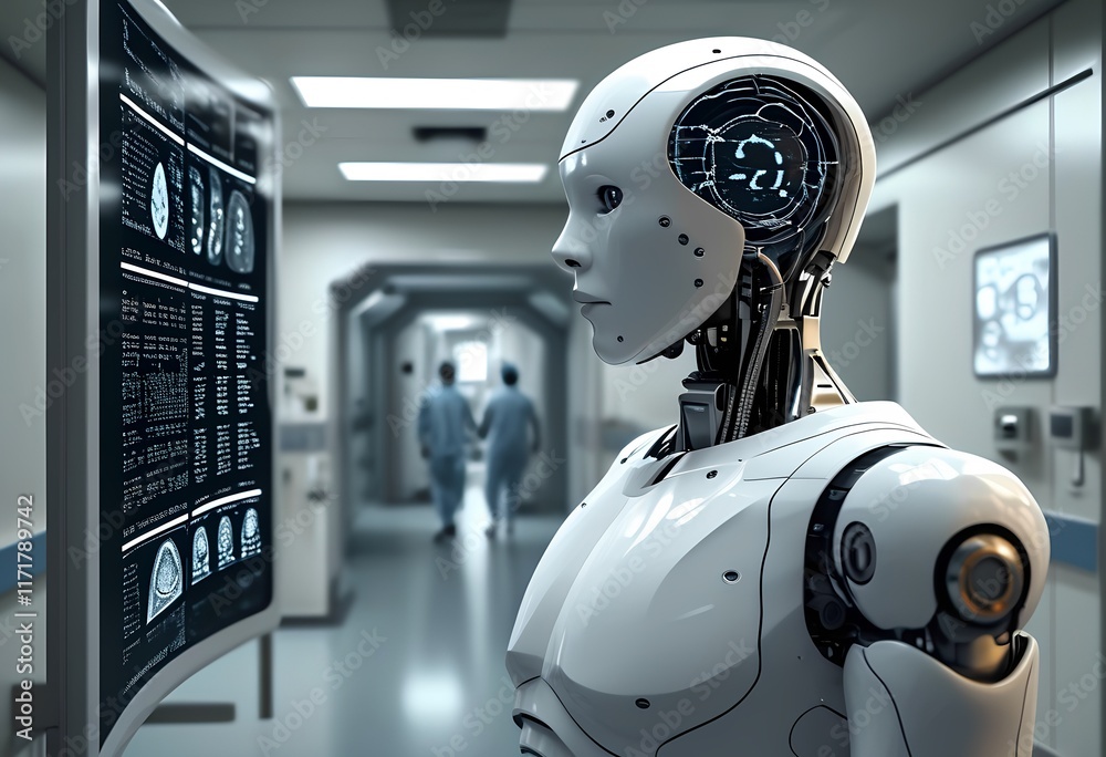 Fototapeta premium Robot analyzes brain scans in a futuristic medical lab setting with high-tech equipment