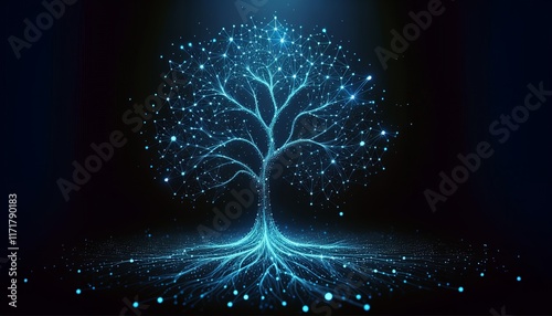 AI-generated technology tree symbolizing digital connectivity and growth in a futuristic design.