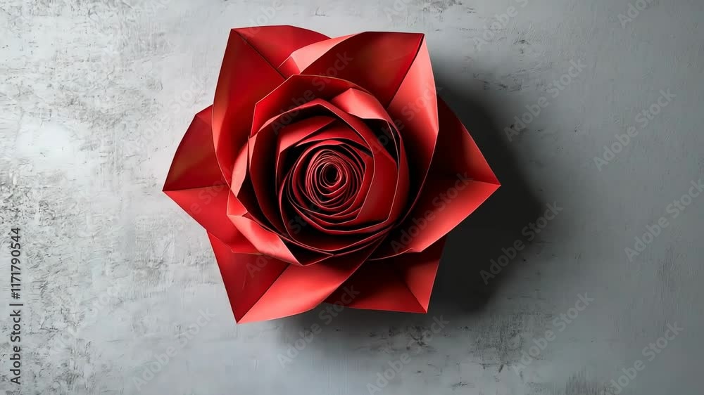 Elegant red origami rose on textured gray background symbolizing love and romance for valentine's day celebration concept