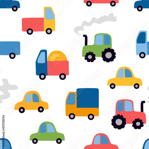 Seamless pattern with cars, trucks and tractors. Cute childish print.