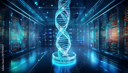 glowing digital dna helix displaying dynamic data storage on large screen in data center