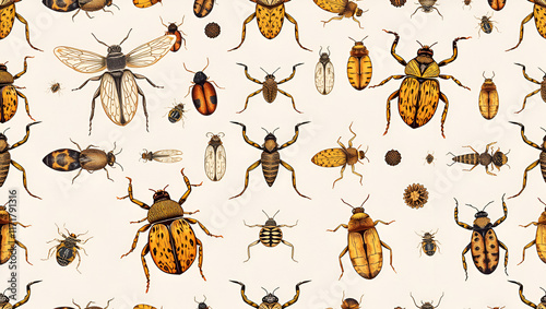 Bugs seamless pattern featuring detailed, entomological illustrations. Background seamless pattern. photo