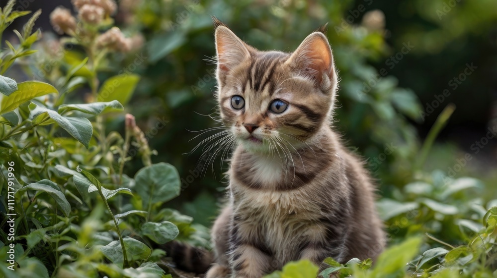 Brown mackerel kitten , sitting in the garden
Brown mackerel kitten , sitting in the garden