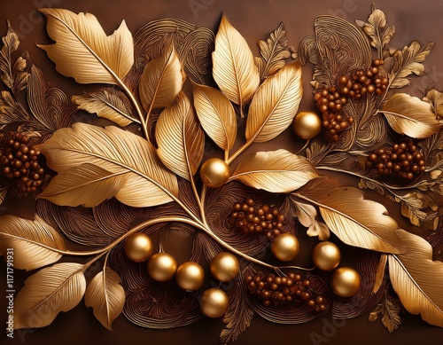 a decorative design featuring intricate golden leaves and berries on a textured brown background exuding elegance and sophistication photo