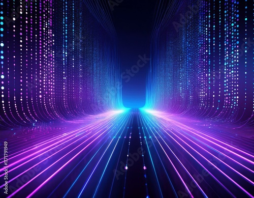 abstract digital dots background purple blue neon lights binary code data stream technology